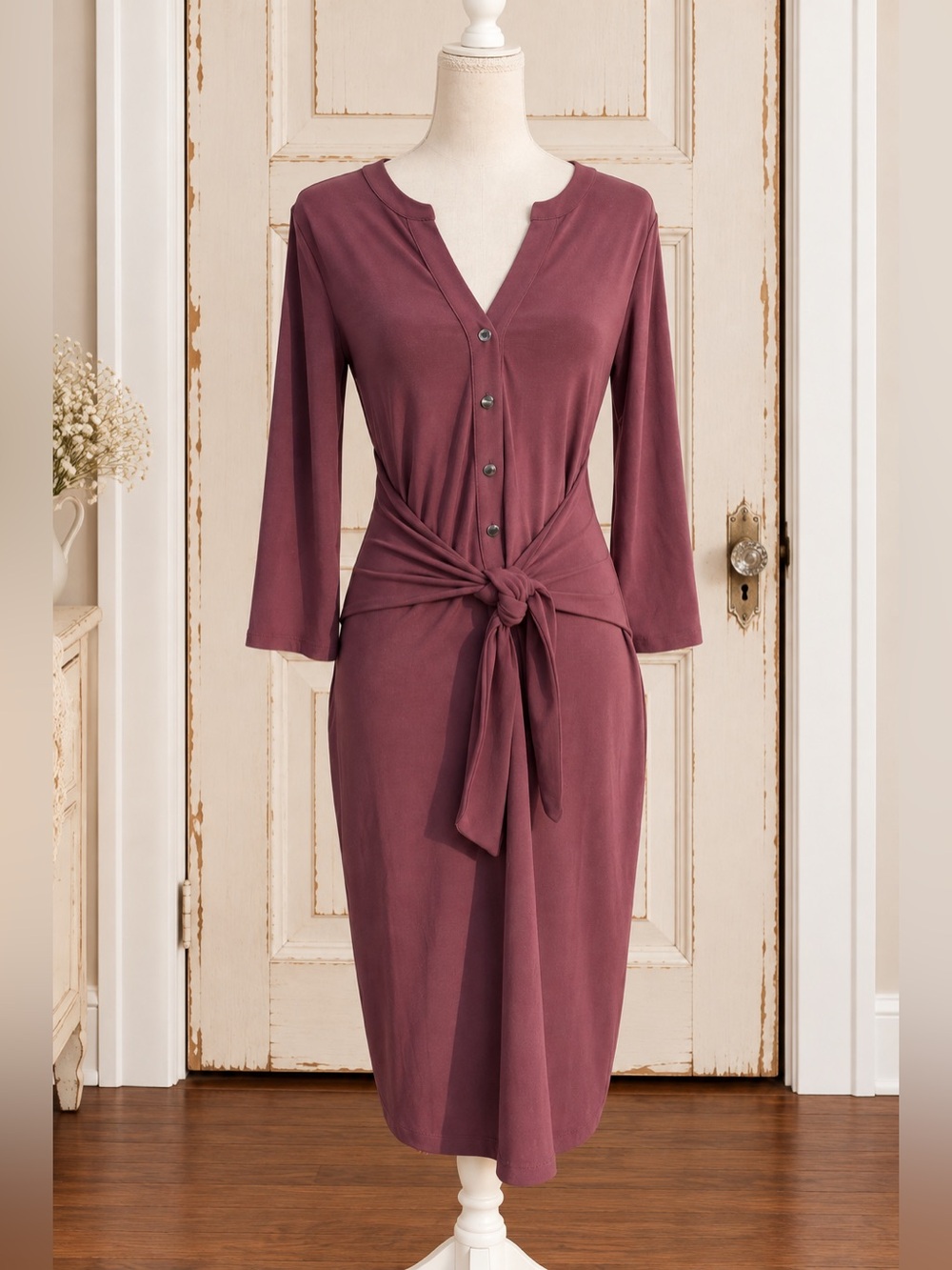 WHBM Women's Mauve Tie-Waist Button Front Dress